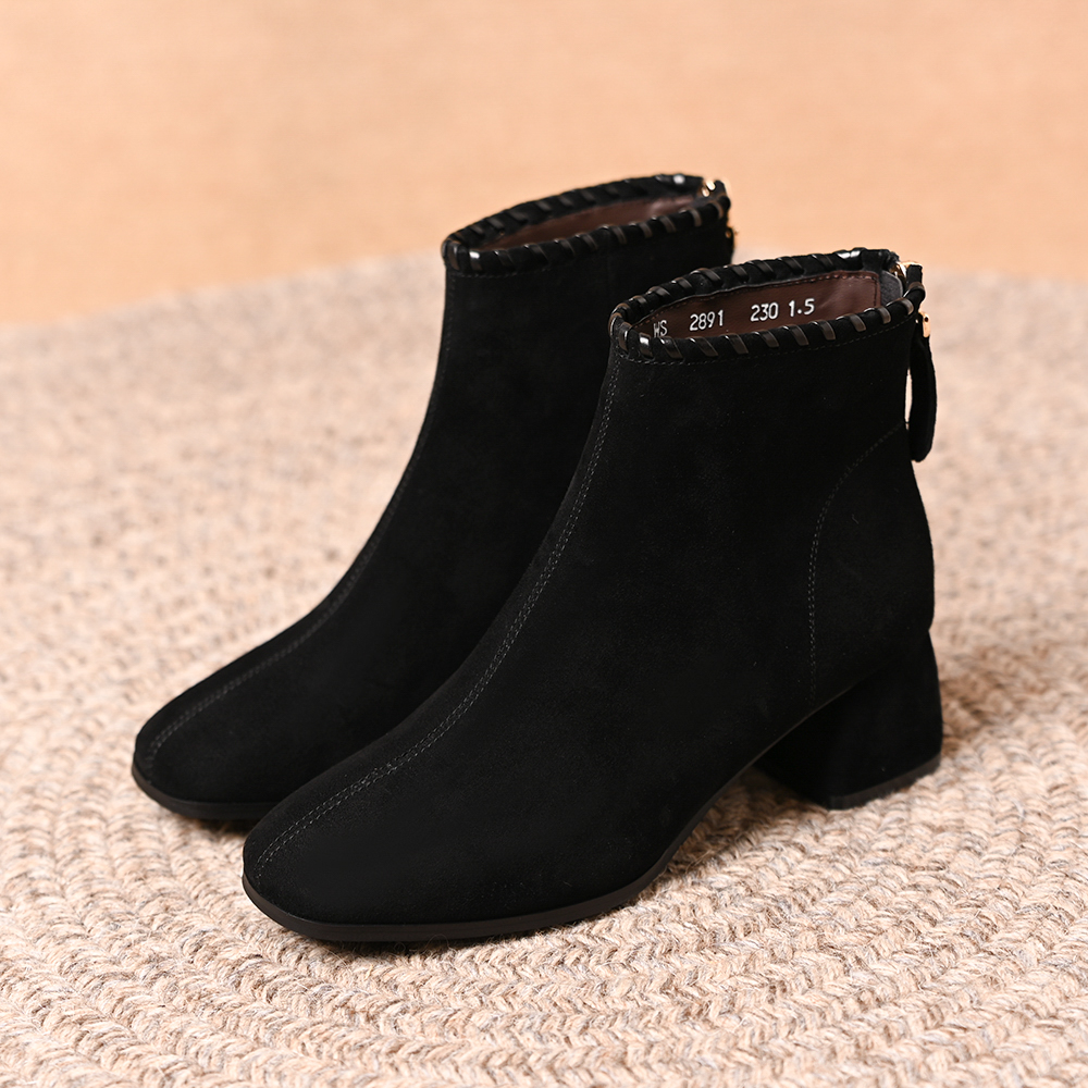 真皮羊皮方头粗跟短靴