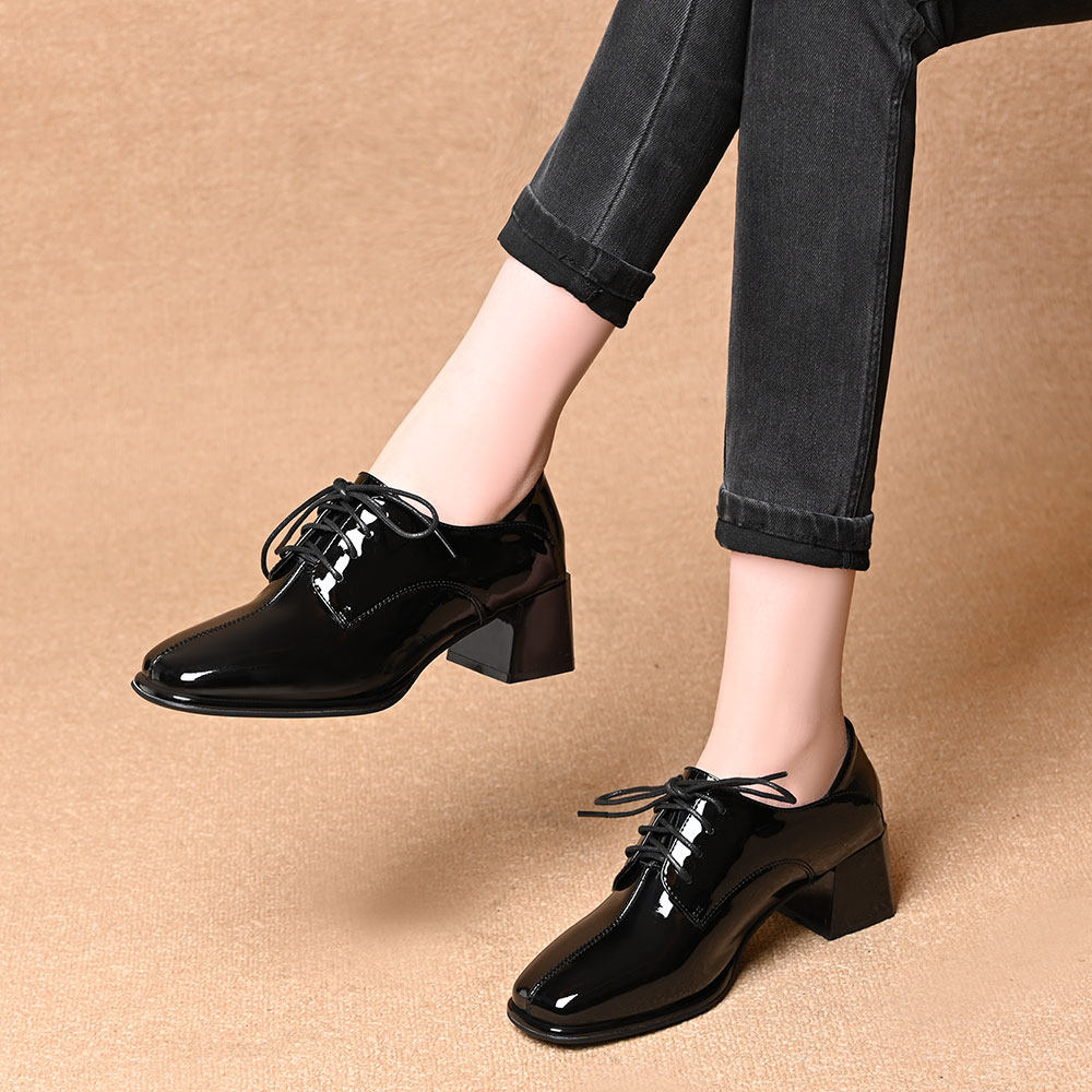 方头系带漆皮深口单鞋女2026春秋新款百搭亮面粗跟英伦风小皮鞋,女鞋,深口单鞋,淘宝优惠券,粉丝福利购,淘宝优惠卷