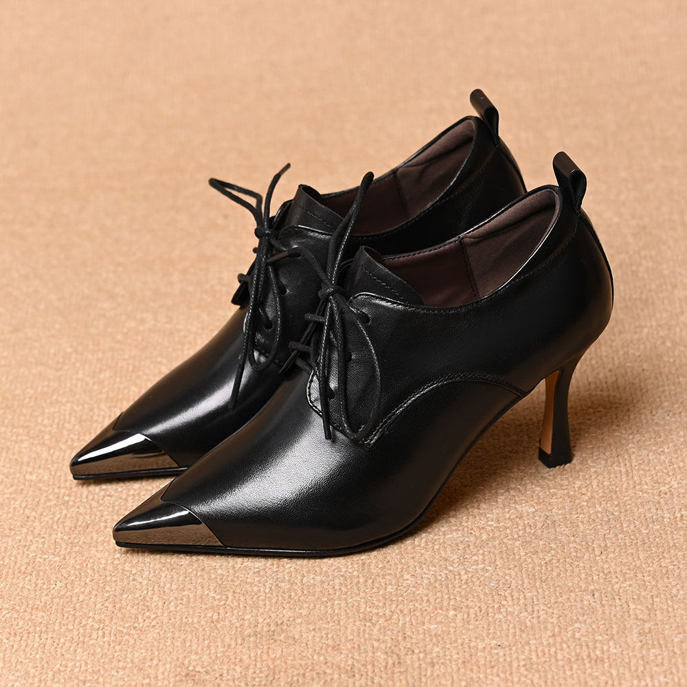 金属尖头系带高跟深口单鞋女2026春秋新款软皮百搭气质细跟小皮鞋,女鞋,深口单鞋,淘宝优惠券,粉丝福利购,淘宝优惠卷