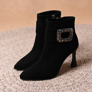 真皮羊皮水钻方扣磨砂尖头高跟短靴女秋冬气质百搭侧拉链时装靴