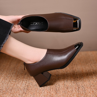 2025新款法式气质方头高跟鞋女秋冬软皮粗跟深口单鞋春秋款小皮鞋