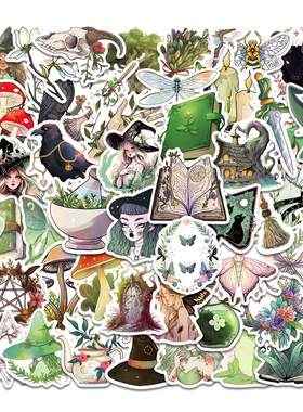 50张绿色清新森林女巫梦幻童话意境立体贴纸装饰行李箱头盔相框画冰箱保温杯电动车书桌iPad手机DIY防水贴纸