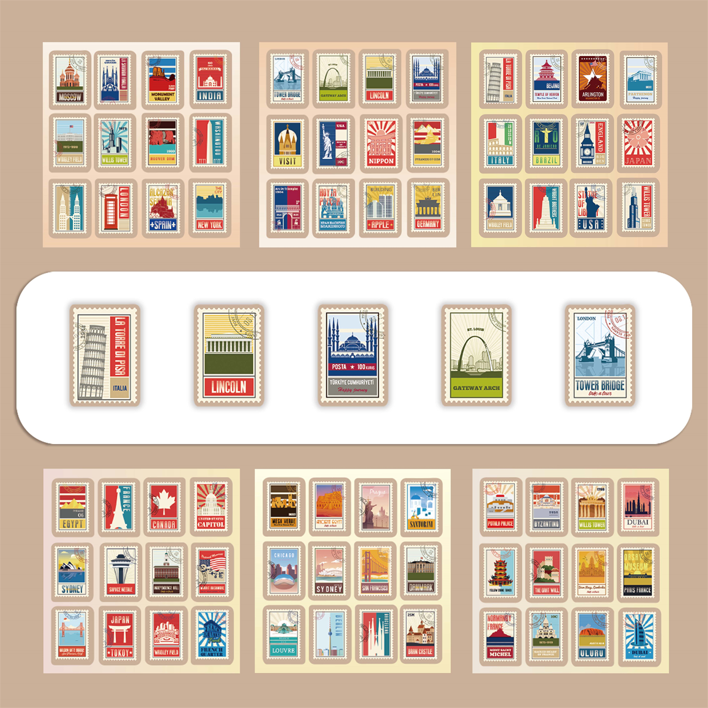 6大张半切复古城市邮票个性贴纸ins创意stickers装饰手机壳笔记本背景墙保温杯平板吉他DIY颜值高防水贴贴画