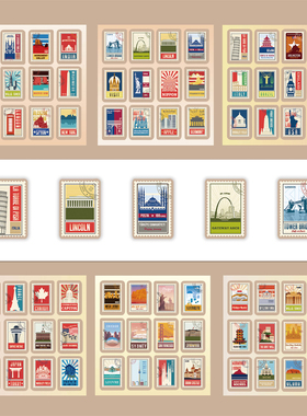 6大张半切复古城市邮票个性贴纸ins创意stickers装饰手机壳笔记本背景墙保温杯平板吉他DIY颜值高防水贴贴画