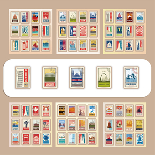 6大张半切复古城市邮票个性贴纸ins创意stickers装饰手机壳笔记本背景墙保温杯平板吉他DIY颜值高防水贴贴画