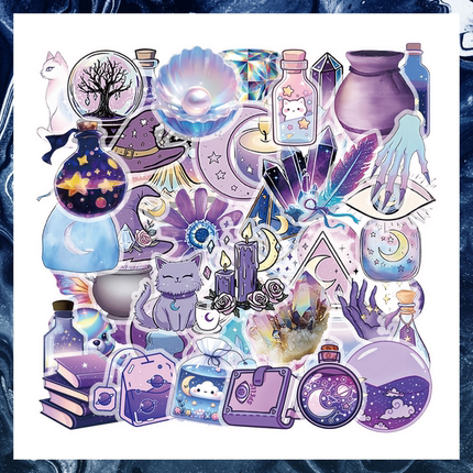 54张紫色透明贴纸女巫的毒药魔法药水梦幻贴纸儿童奖励装饰笔记本头盔水杯吉他文具平板电脑衣柜DIY益智贴纸