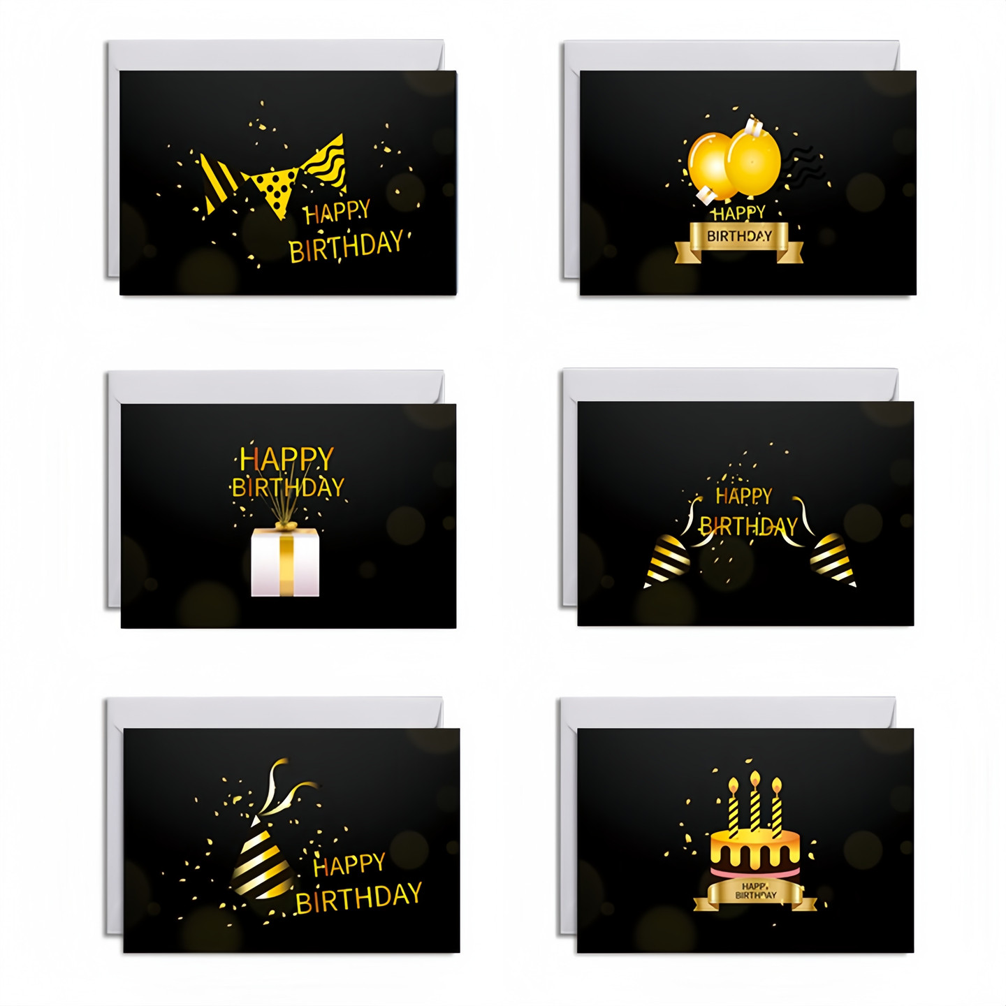 6张/套黑白色金色字体HAPPY BIRTHDAY奢华高级感贺卡明信片祝福生日快日卡片送礼物送朋友闺蜜客户朋友带信封