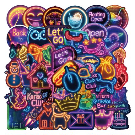 50张创意霓虹灯卡通炫酷贴纸抽象可爱发光感贴画亲子互动装饰背景墙桌面水杯平板电脑笔记本旅行箱文具头盔贴