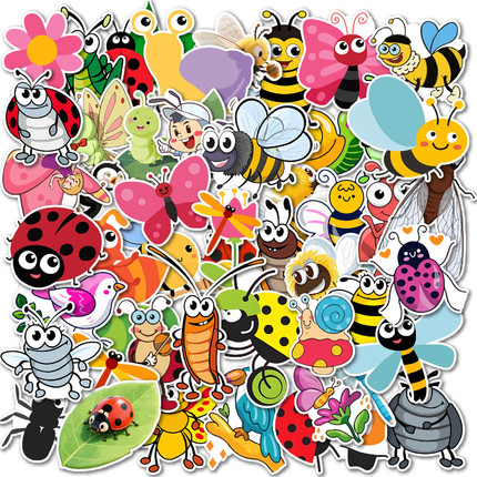 50张卡通童趣幼儿园宝宝贴纸多巴胺昆虫贴画装饰笔记本头盔水杯滑板平板电脑桌面收纳箱翻新DIY新款玩具贴纸