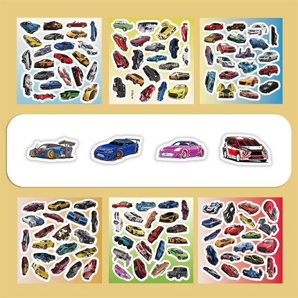 6张半切卡通炫酷汽车跑车赛车儿童男孩贴纸益智装饰手机壳笔记本门窗保温杯平板相机DIY笔记本电脑贴纸防水贴