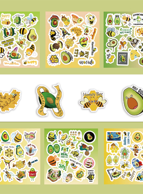 6张半切绿色小清新牛油果蜂蜜卡通动画贴纸颜值高装饰手机壳笔记本背景墙玻璃保温杯平板床头柜DIY防水贴贴画