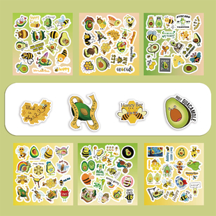 6张半切绿色小清新牛油果蜂蜜卡通动画贴纸颜值高装 饰手机壳笔记本背景墙玻璃保温杯平板床头柜DIY防水贴贴画