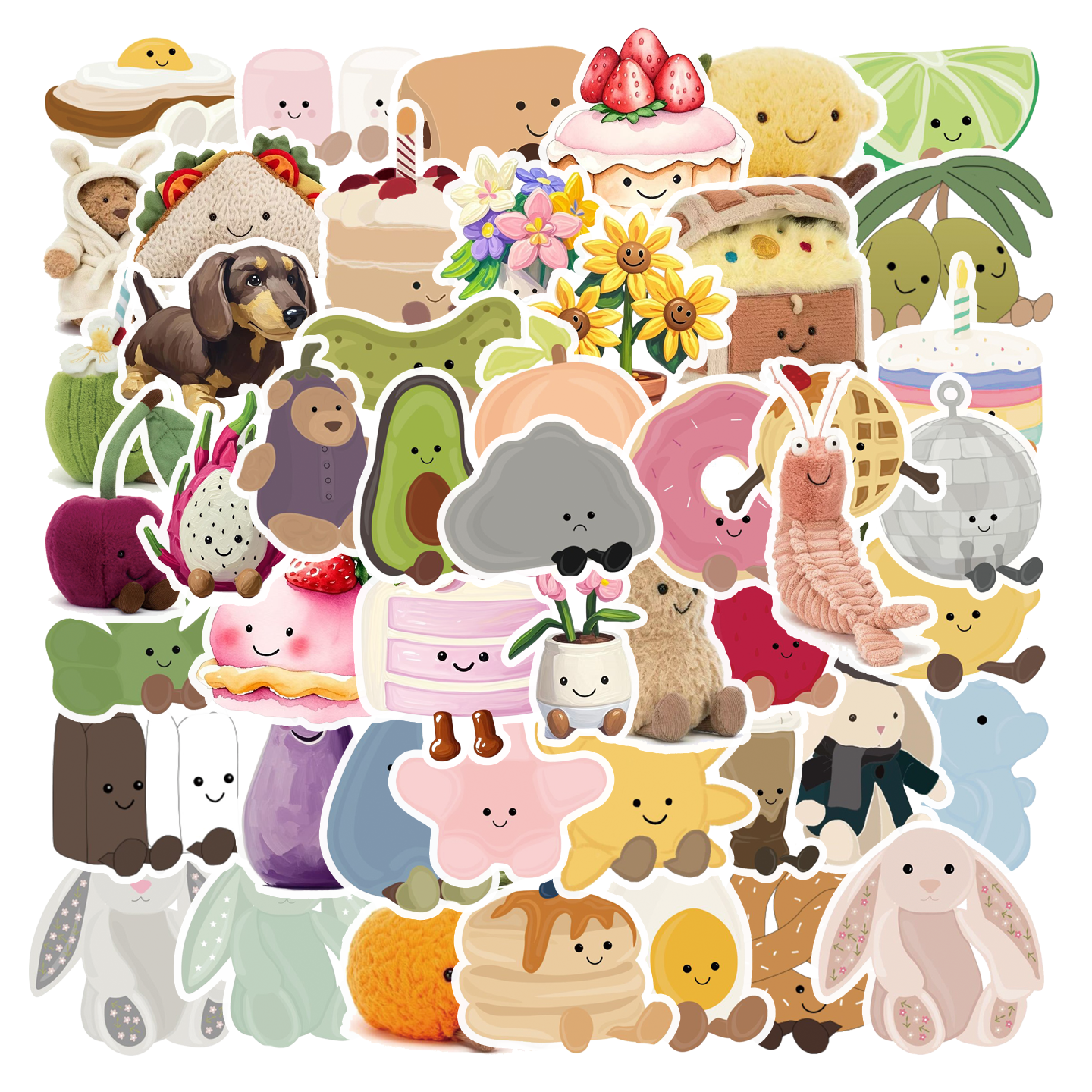 50张手绘卡通3D视觉jellycat水果玩偶兔子甜品贴纸装饰手机壳笔记本卧室保温杯平板吉他DIY头盔镜面防水贴画图片