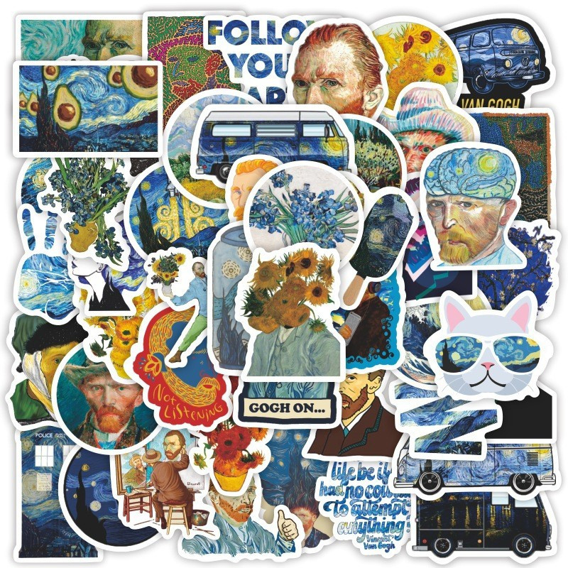 50张梵高油画艺术启蒙抽象贴纸手机水杯电脑滑板车吉他行李箱充电宝文具头盔冰箱桌面平板墙面美化装饰贴贴画