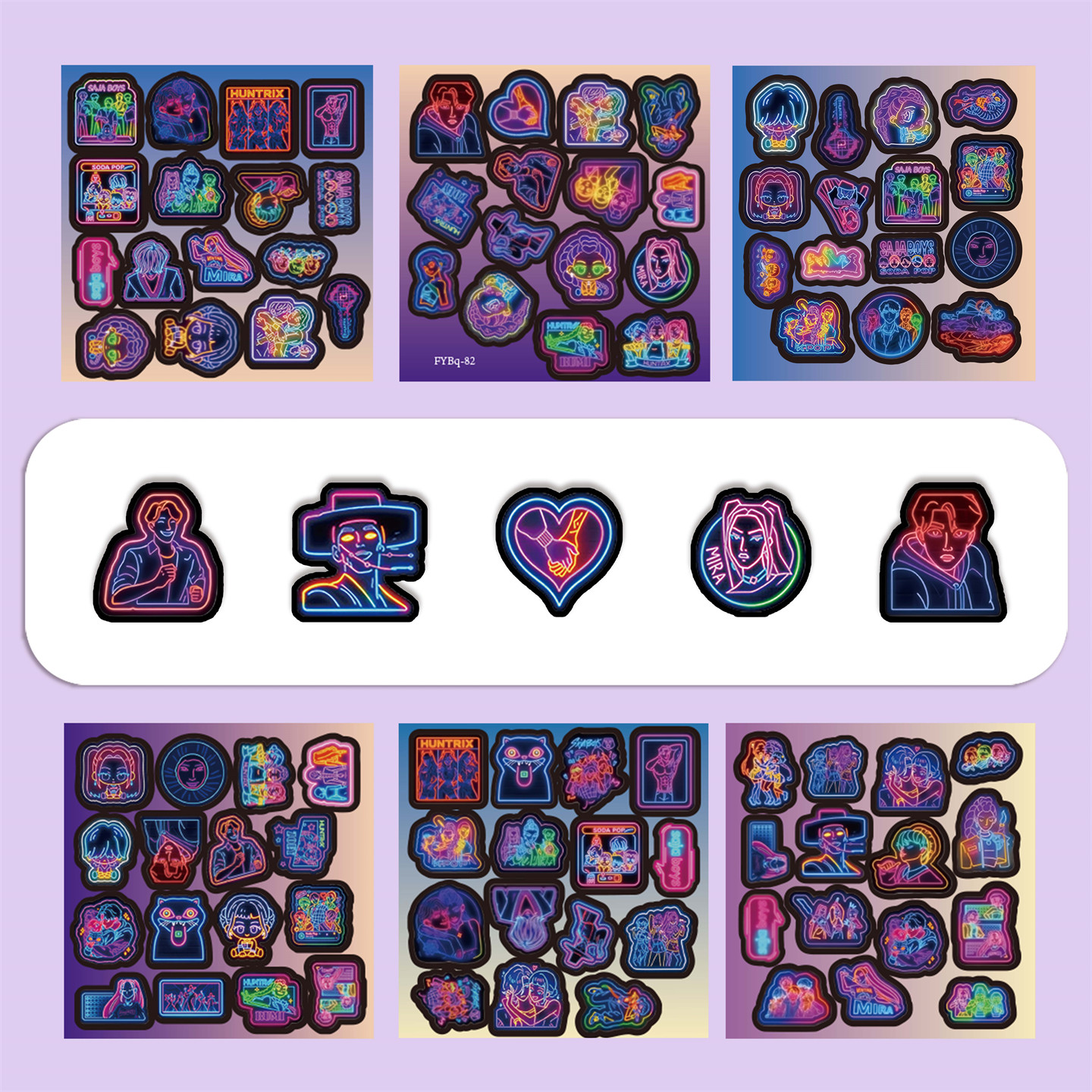 6张半切PVC卡通动画猎魔女团贴纸个性霓虹灯炫彩贴画装饰手机笔记本水杯平板吉他衣柜汽车DIY电动车防水贴画