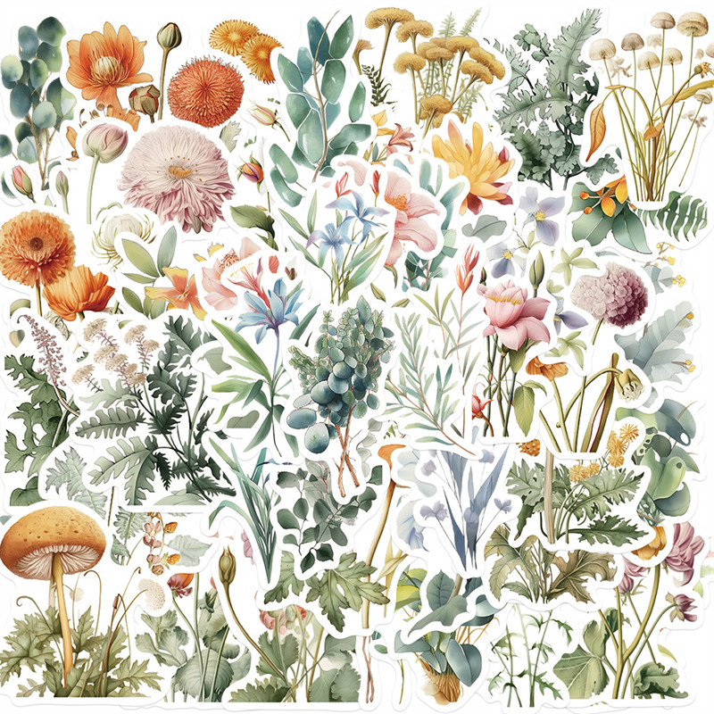 50张小清新田园植物花朵插画写真文艺贴纸装饰笔记本相框手账行李箱水杯电动车衣柜iPad墙面手机DIY遮丑贴纸
