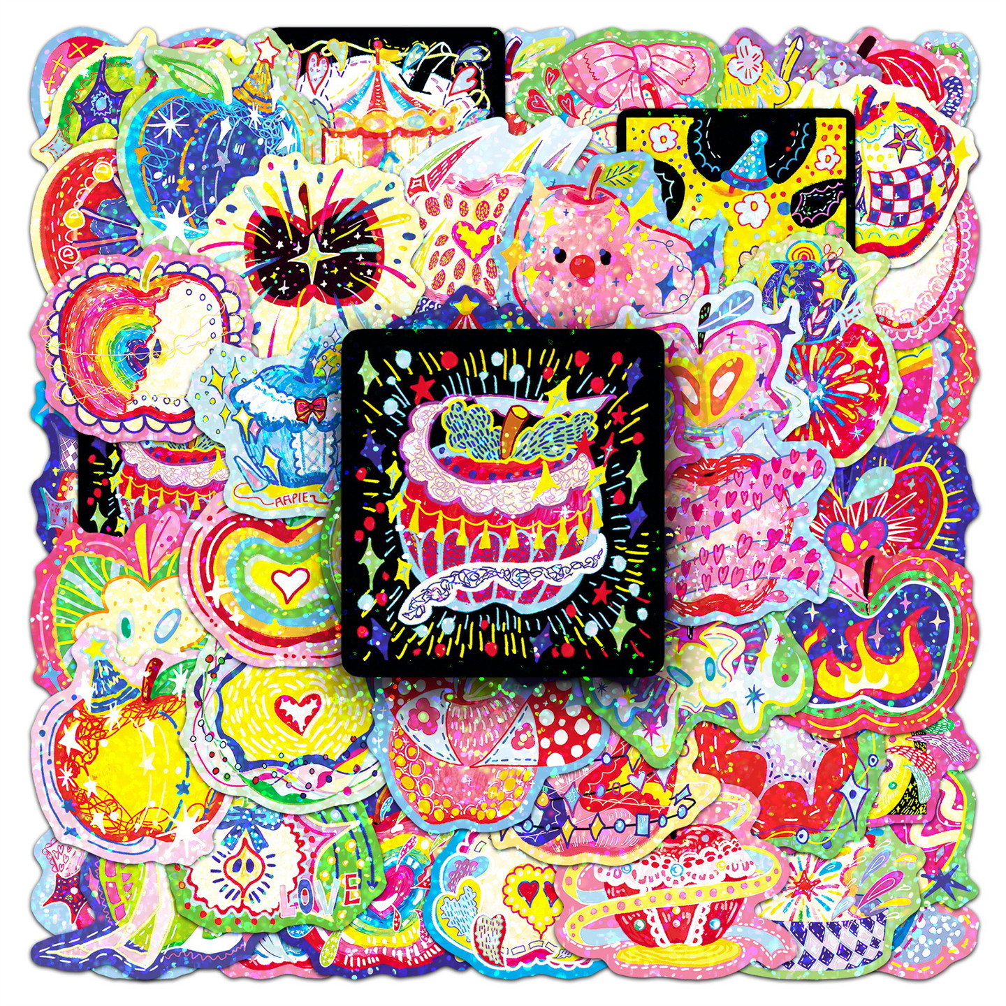 50张炫彩镭射闪亮能量苹果贴纸爆闪星星魔法苹果贴画装饰手机笔记本背景墙保温杯平板吉他DIY颜值高防水贴画