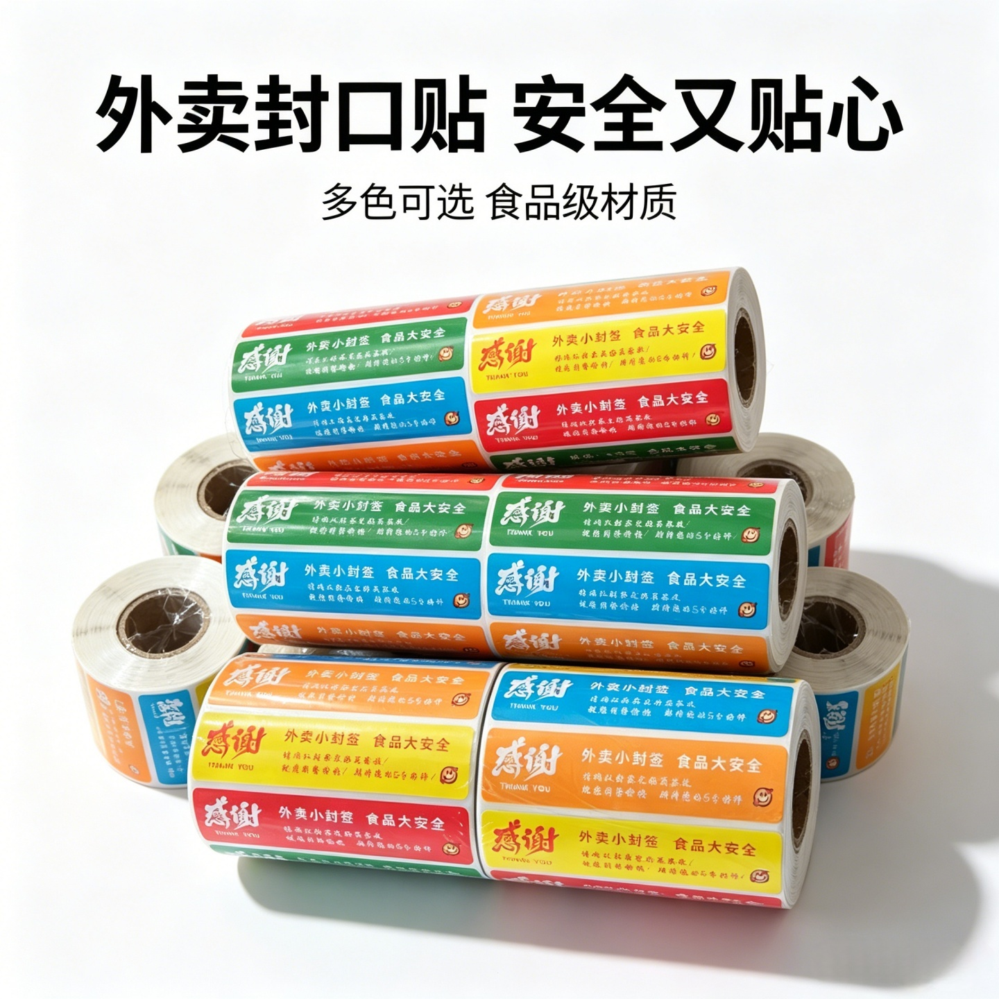 外卖感谢封口贴纸80*20餐品确认封签完好提示标签餐饮奶茶防拆密封不干胶贴通用好评温馨提示封口贴卷装标签 - 实物图
