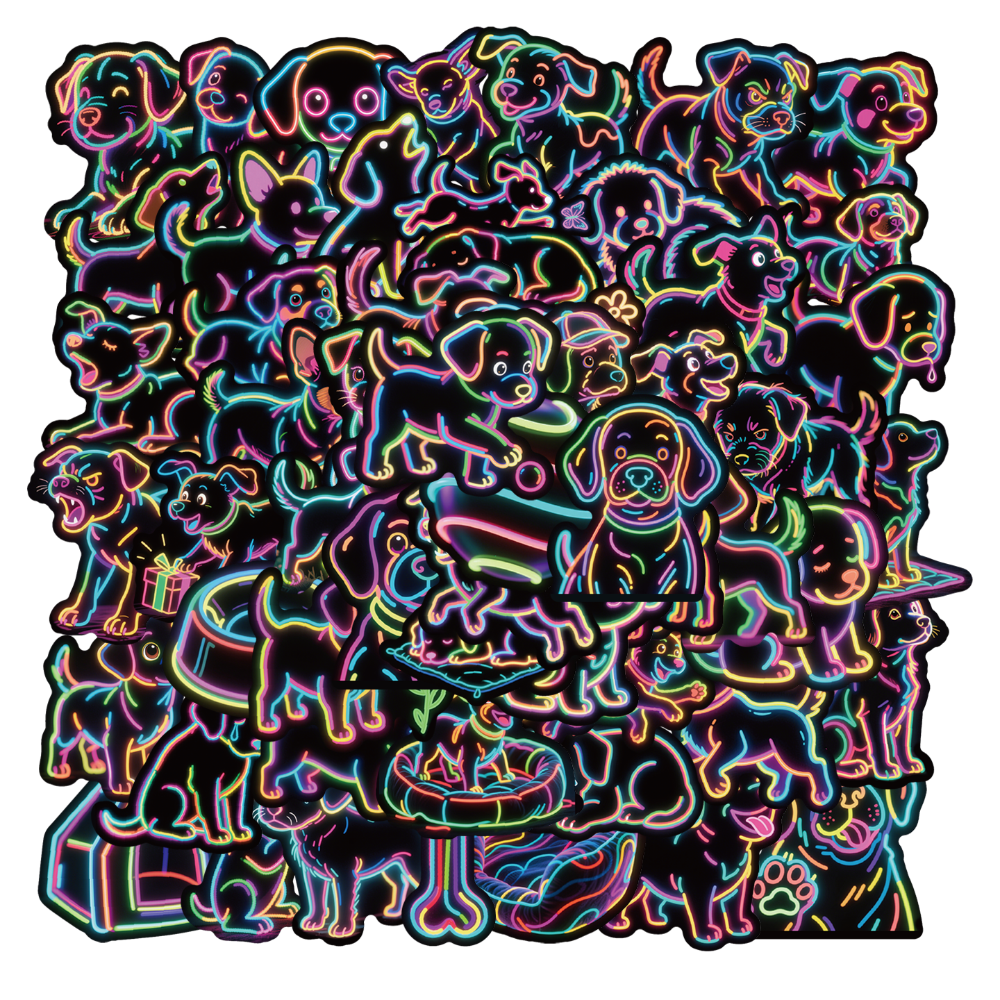 56张炫彩霓虹灯狗狗涂鸦创意贴纸小狗表情包萌趣贴画装饰手机壳笔记本保温杯平板吉他头盔尾箱DIY防水贴贴画