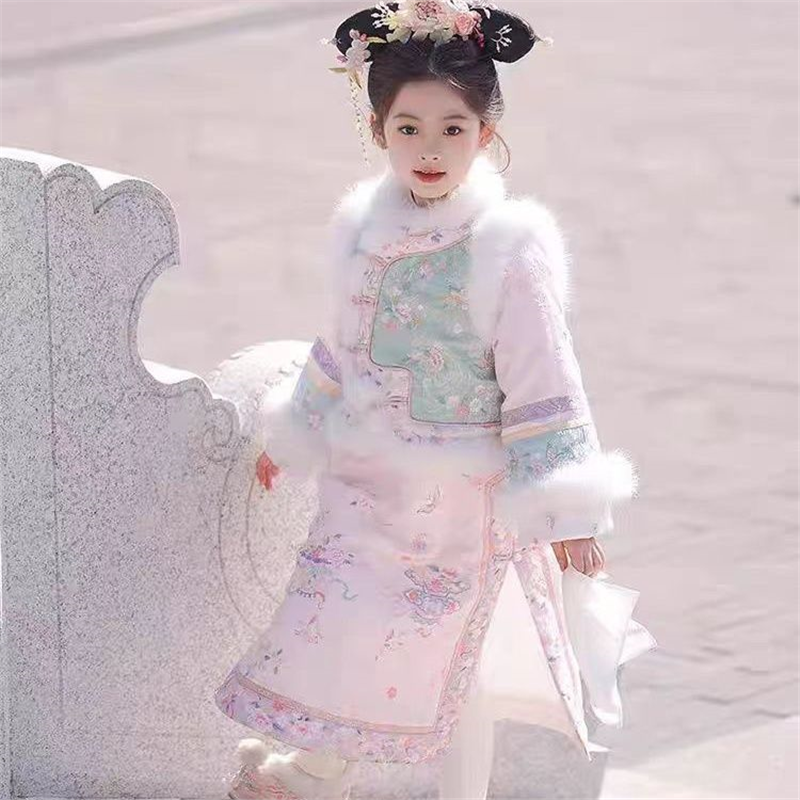 新款汉服拜年儿童女童古装清朝冬款加厚小女孩宫廷格格旗袍套装15