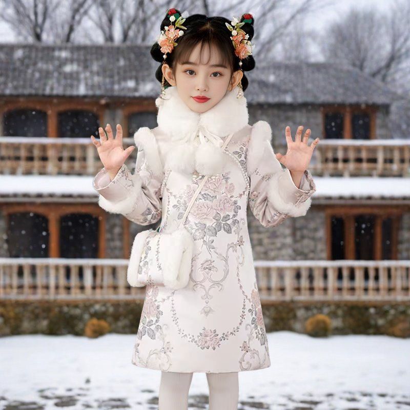 儿童女童古装冬季加绒2025新款中国冬款加厚加棉连衣裙旗袍拜年