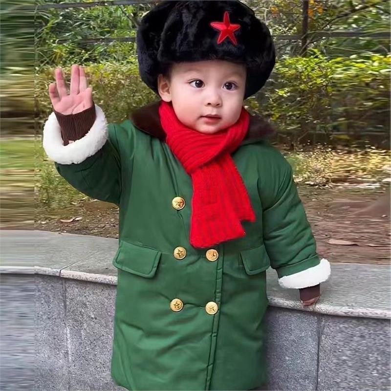 儿童军绿色大衣加棉加厚保暖冬季中长款男童复古外套宝宝棉衣加绒