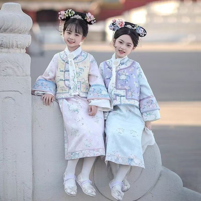 儿童格格服春秋新款清朝宫廷装2025女童汉服古装刺绣时尚旗袍套装