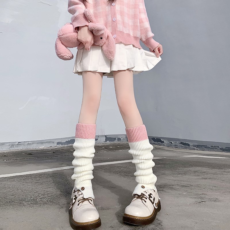 灰黑拼接撞色针织袜套堆堆袜子女秋冬纽扣开叉小腿过膝袜jk搭长靴