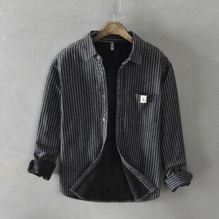 极麻复古条纹休闲加绒长袖衬衫男士冬季加厚宽松保暖纯棉衬衣外套