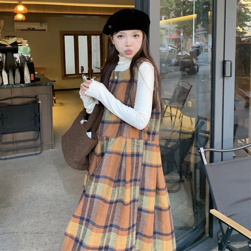 大码女装2024早秋新款胖mm森系复古毛呢格子背心裙+奶杏打底套装,女装/女士精品,大码套装,淘宝优惠券,粉丝福利购,淘宝优惠卷