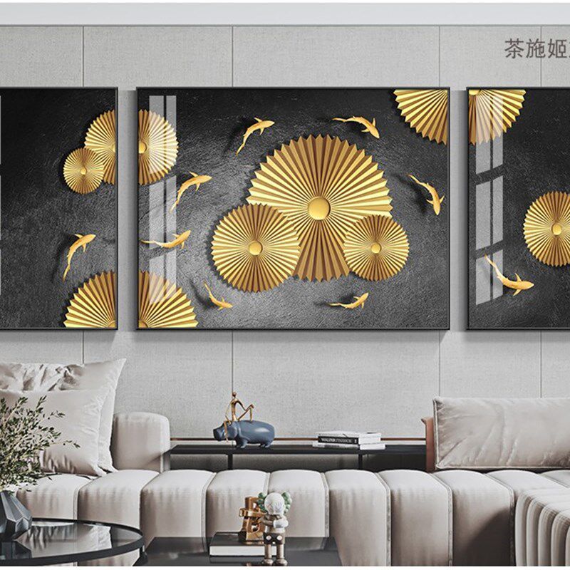 新中式九鱼图客厅晶瓷镶钻装饰画招财挂画沙发后面的背景墙面壁画