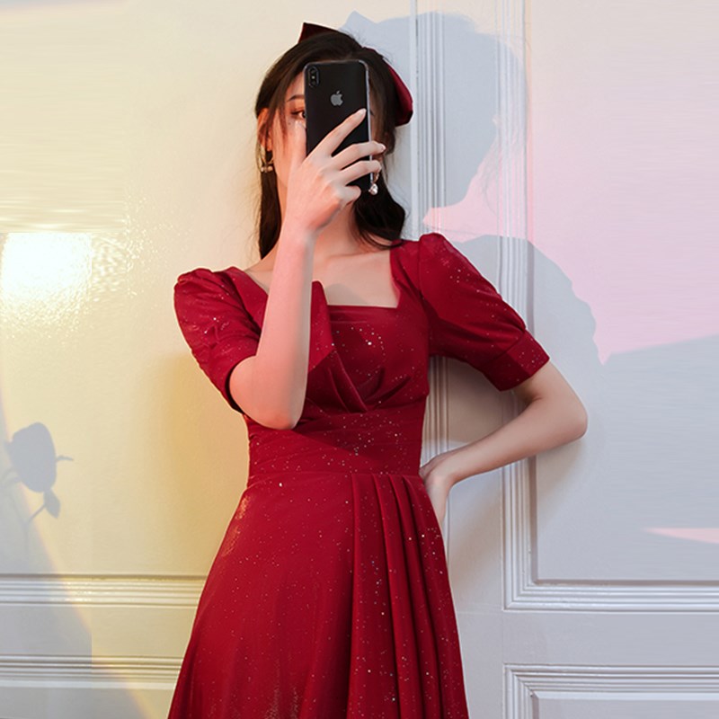 敬酒服新娘秋冬酒红色结婚礼服女回门订婚连衣裙平时可穿日常短袖