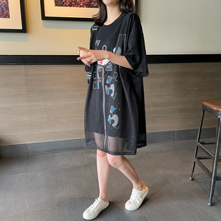 气质裙子宽松网纱拼接胖mm大码 法式 女装 新款 卡通连衣裙女 2021夏装