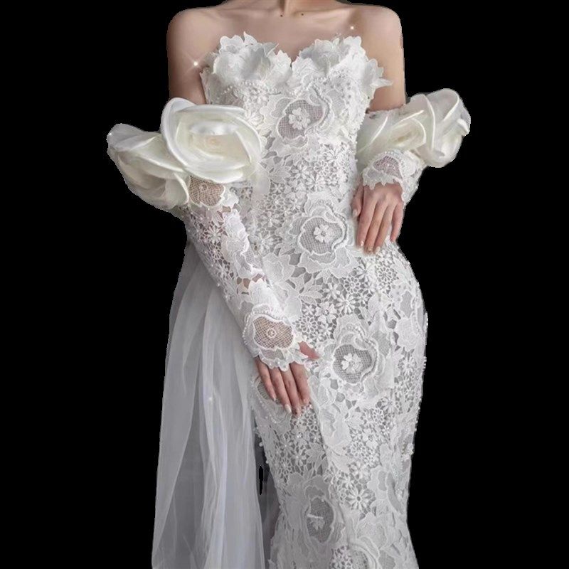 一字肩旅拍高档蕾丝轻婚纱2023新款新娘婚礼迎宾小个子简约出门纱
