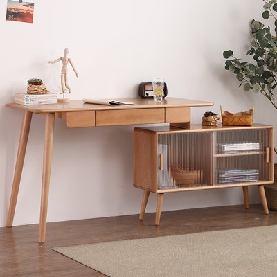 榉木纯全实木转角书桌带书柜带抽屉电脑桌伸缩办公桌家用组合桌子