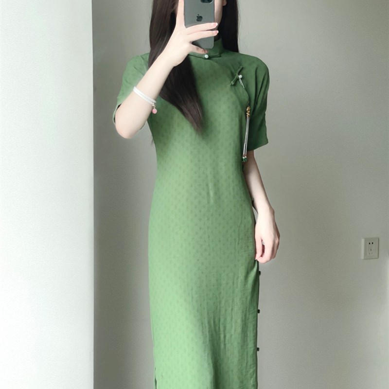 古法一片式无省旗袍民国风年轻款少女全开襟曳地传统日常可穿绿色