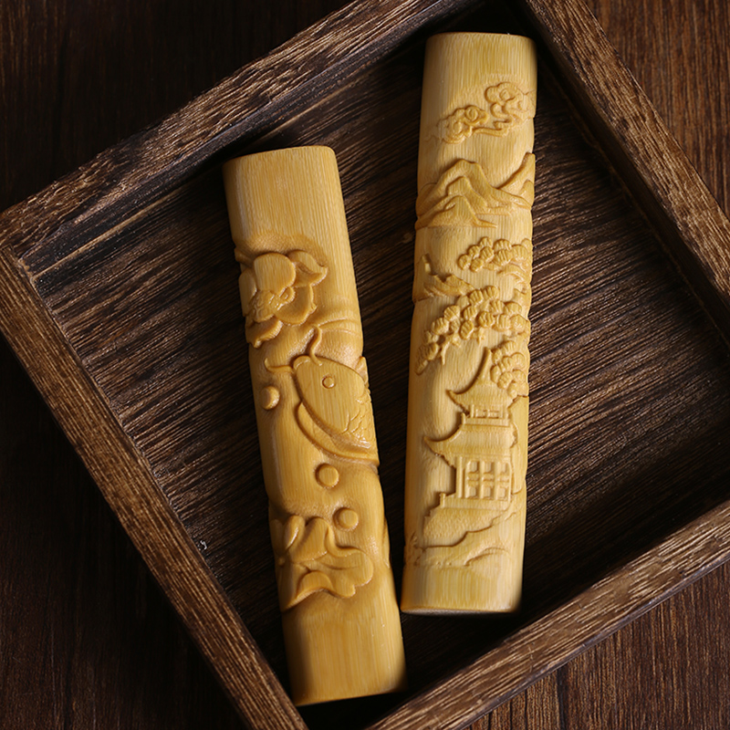 老料玉竹实心竹手把件扁料彩绘竹雕刻天然黄皮文玩摆件墩子水晶料