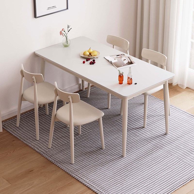法式奶油风岩板餐桌椅组合小户型实木白蜡木家用白色长方形饭桌