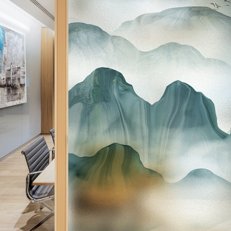 新中式山水画办公室公司企业大气静电磨砂玻璃贴膜隔断装饰贴纸