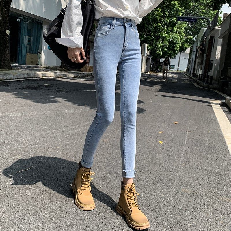 秋冬浅蓝色薄绒八分牛仔小脚裤女紧身裤加绒显瘦小个子深色九分裤