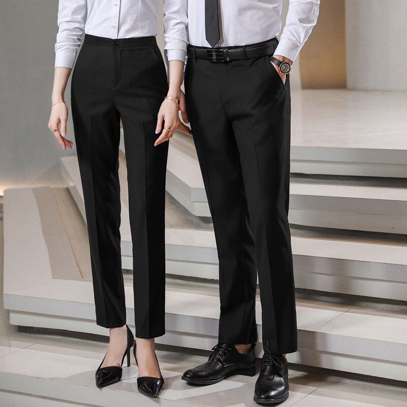 春秋职业装男女西裤工装裤无弹高腰两侧松紧腰大码直筒烟管裤灰色