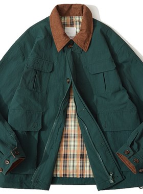 春季美式深绿色复古做旧猎装夹克男多口袋翻领耐磨重磅机能外套