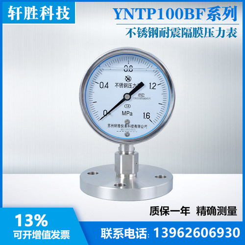 YNTP100BF DN32耐震不锈钢隔膜压力表 全不锈钢法兰式隔膜压力表