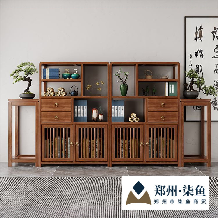 实木博古架橡胶木置物架中式茶具柜子书架落地客厅茶室摆件储物架