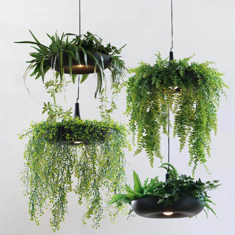 复古黑色盆栽吊灯绿植创意酒馆火锅店装饰灯具配植物艺术工业风灯