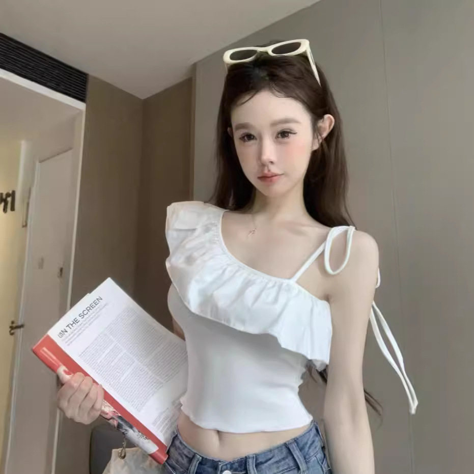 纯欲甜辣妹斜领荷叶边单肩吊带小背心女夏装外穿独特洋气短款上衣