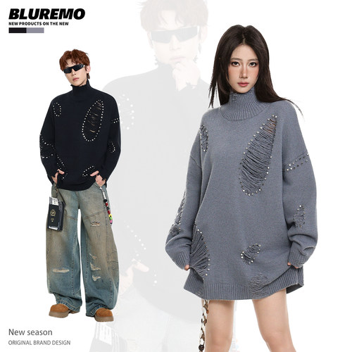 BLUREMO秋冬破洞铆钉针织毛衣