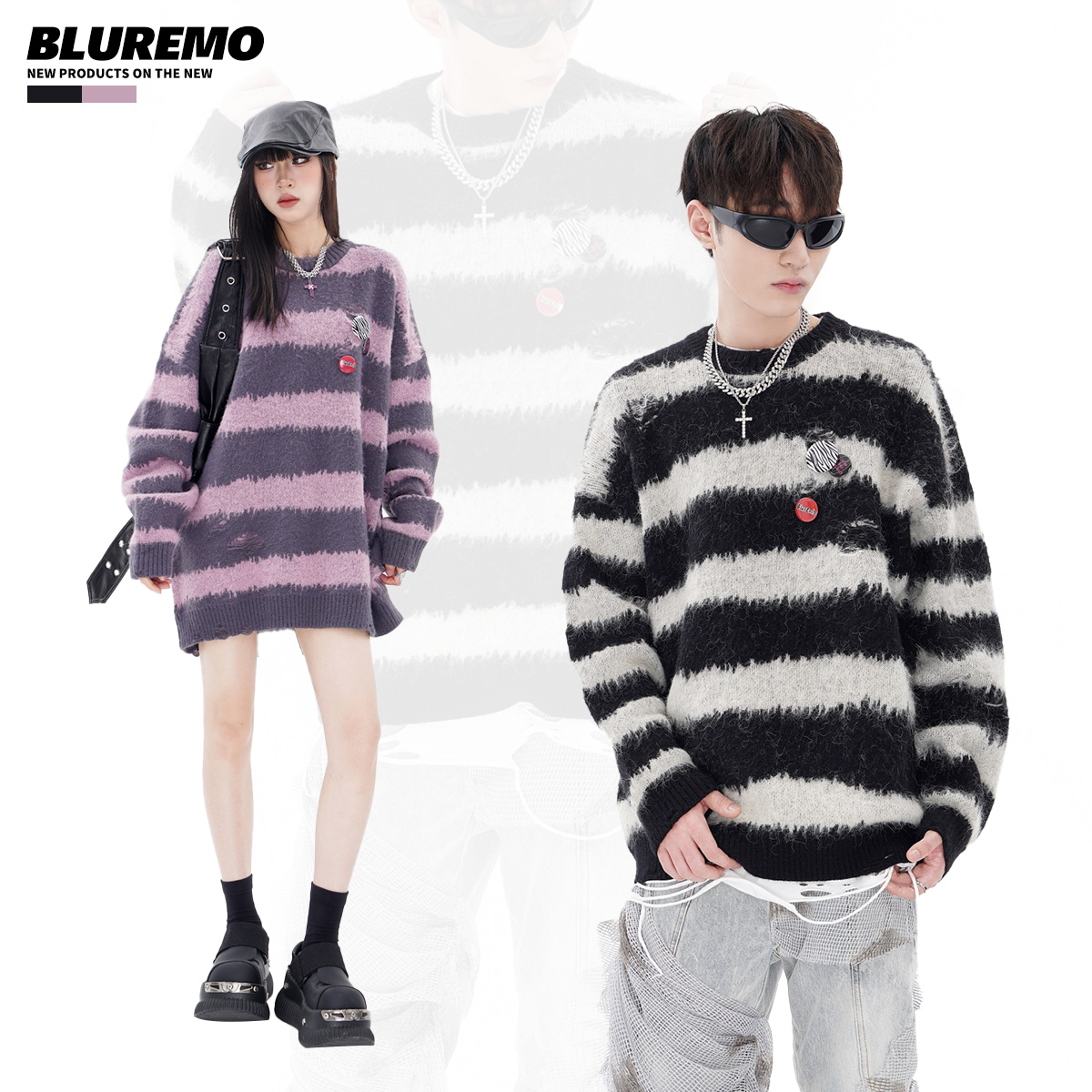 撞色条纹毛衣BLUREMO套头圆领