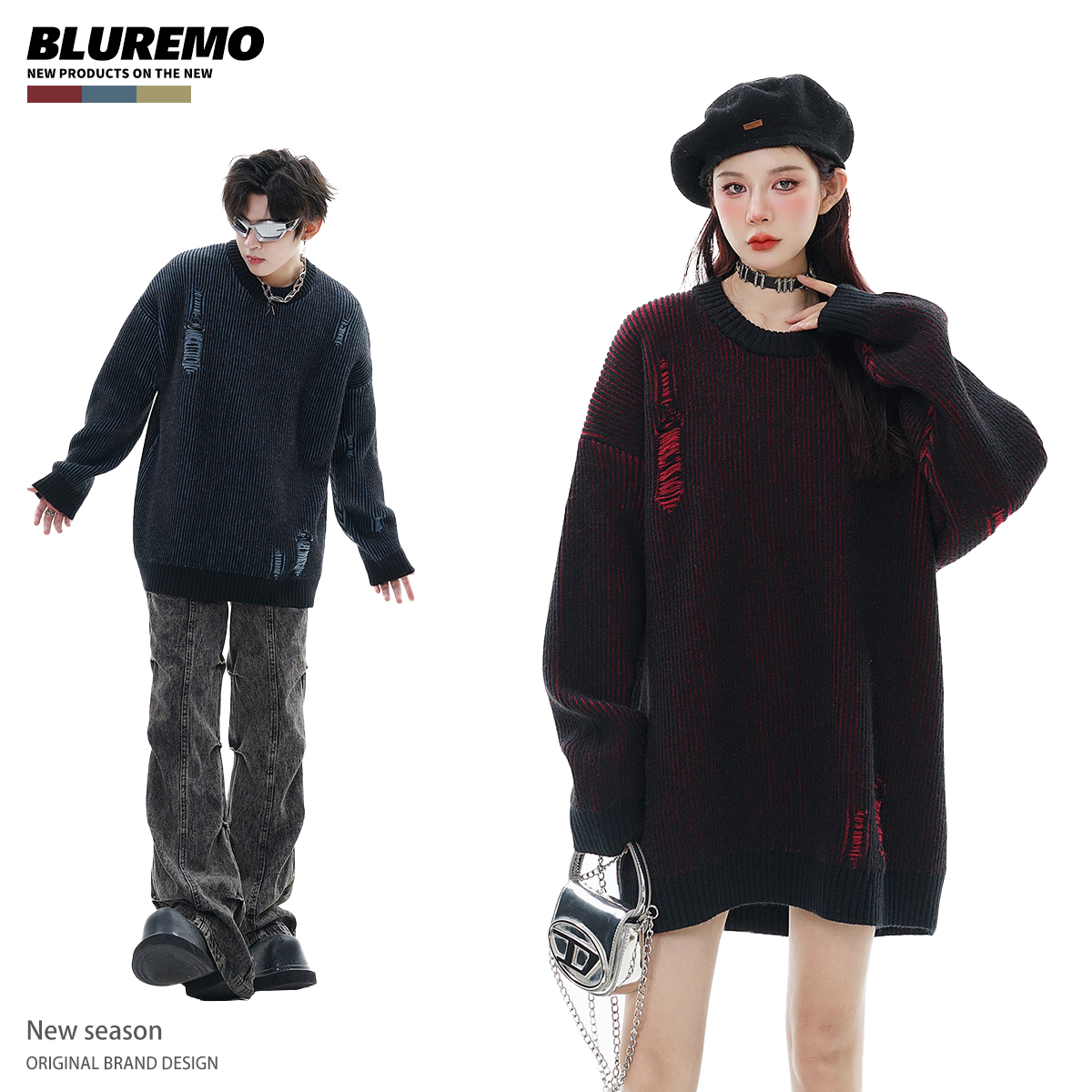 BLUREMO撞色渐变破洞毛衣