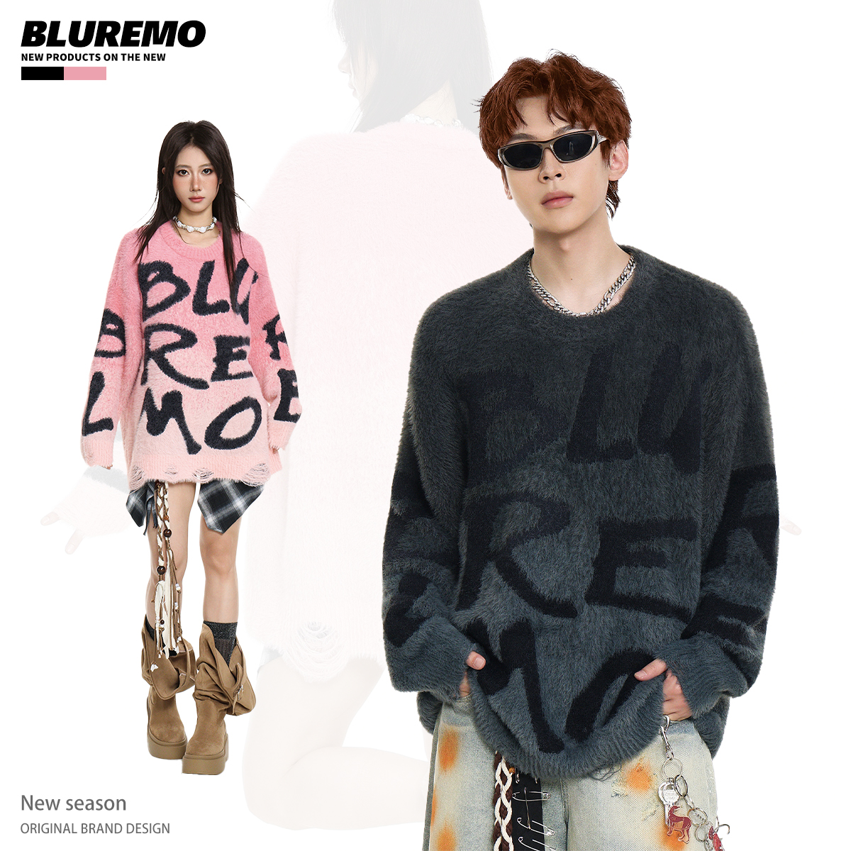 BLUREMO渐变撞色破洞圆领毛衣